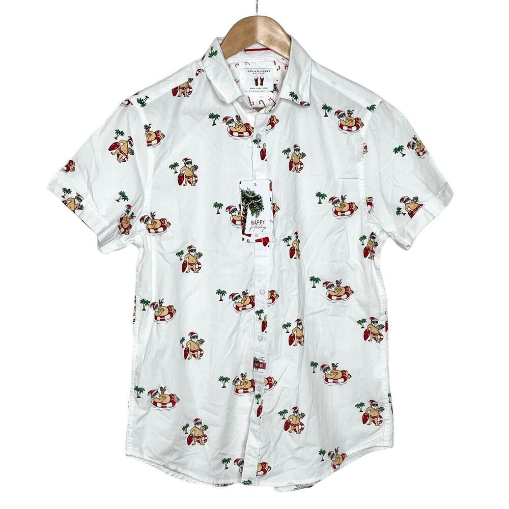 Denim & Flower Santa Beach Hawaiian Shirt Mens M Tropical Christmas Holiday